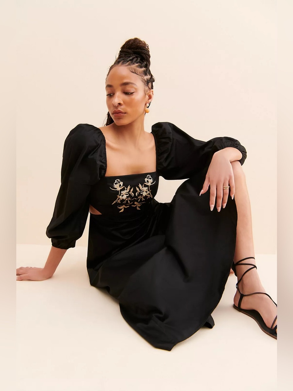 Especia Black Embroidered Cut Out Maxi Dress Puff Long Sleeves Anthropologie XS - Picture 4 of 16